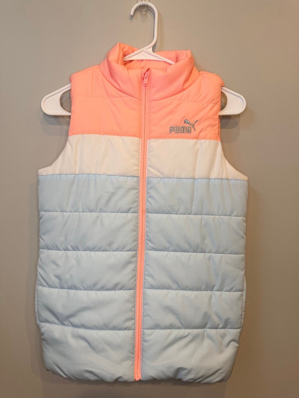 PUMA Girls Puffer Vest Full-Zip Jacket Pastel Pink Blue White Size M 10/12
